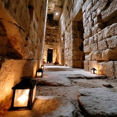 Poster - Mysterious Stone Passage Lit by Lanterns: Exploring Ancient Architecture and the Shadows of Time
