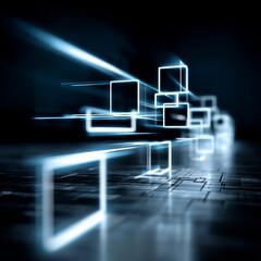 Poster - Neon Gridscape: Abstract Cubes and Light Streaks on a Dark Surface