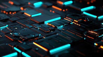 Wall Mural - futuristic circuit board, glowing neon lines, complex structure, dark background