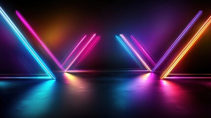 Wall Mural - Neon light triangles, vibrant colors, dark studio, glowing effect