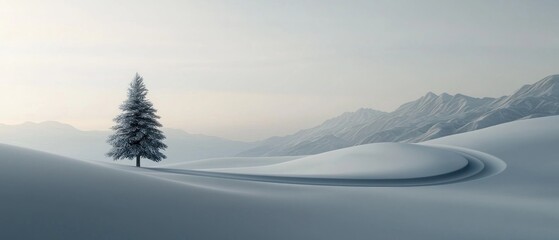 Wall Mural - Solitary frosted evergreen in a tranquil snowy landscape