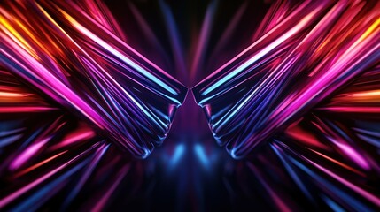 Wall Mural - Abstract vibrant neon metal wings, dark stage, vibrant light show.  Possible use digital backdrop, gaming, graphic design