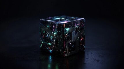 Canvas Print - Futuristic glowing cube, dark reflective surface, abstract background