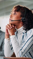 Poster - Call center, woman and frustrated in customer support with help desk, communication and online consultant. Contact us, headset and technical service with stress, problem solving or agent for hotline