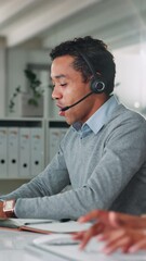 Fototapete - call center, man and customer service in office with help desk, communication and online consultant.
