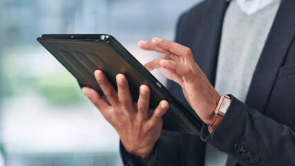 Poster - Tablet, typing and hands of business person in office for publishing agency, manuscript editor and ebook review. Copywriter, reading and planning with employee for creative project, report and media