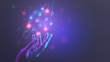 Leinwandbilder - Neural network scheme above scientist hand. Artificial neural networks, ANN. Abstract simple graphics scheme of neural machine mind with AI. Artificial intelligence, cybernetic net. Education AI.