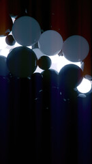 Aufkleber - Digital illustration where in the center of the composition there is a group of floating spheres on which chaotic waves of energy are running, creating a dynamic effect of flashing lights. 3d render