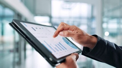 Poster - Hands, tablet screen and man in office, graphs and typing with connection, profit survey and network. Person, closeup and employee in workplace, tech and digital app for financial charts and stats