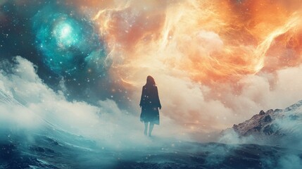 Wall Mural - Woman stands facing a mystical portal in the clouds.  A dreamlike landscape, perfect for a fantasy backdrop.
