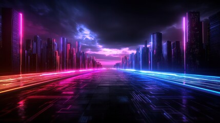 Wall Mural - Futuristic city street at night with neon lights, glowing buildings, and a digital pathway