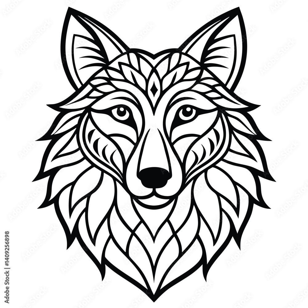 A black and white vector illustration shows a wild wolf head, suitable as a tattoo or tribal animal symbol