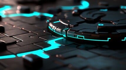 Poster - futuristic circuit board component with glowing turquoise energy field