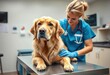 © BOXS - A veterinarian in scrubs examines a golden retriever on an exam table, vet, medical professional