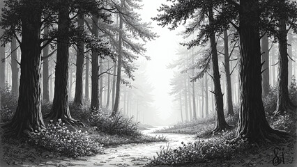  Black and White Forest Scene with Path