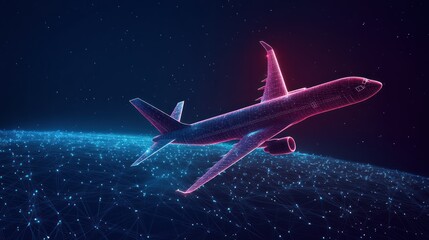 Futuristic commercial plane soars above a digital network representation