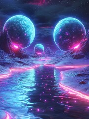 Wall Mural - ethereal cosmic landscape with glowing orbs and neon river reflecting stars in a dreamlike scifi sce