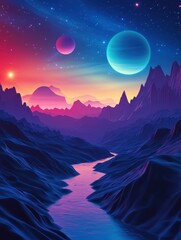 Wall Mural - celestial vista of alien planets and mountainous terrain with a river reflecting a vibrant sky