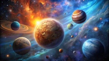 gaseous celestial bodies orbit distant planets in a nebula, distant, exoplanets, distant, exoplanets