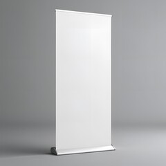 white vertical banner stand, blank display, minimalist design, advertising mockup, trade show exhibi