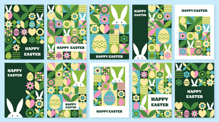 Wall Mural - set of geometric easter greeting card. abstract background with bunny, egg and flower. vector illust