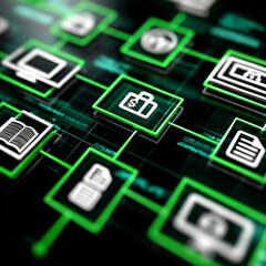 Aufkleber - Connected Data: Network of Icons Representing Digital Communication and Information Flow in Green Matrix
