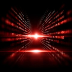 Poster - Cybernetic Reality: A Red Binary Stream Converging into Light and Shadow in the Digital Dark