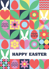 Wall Mural - easter greeting card in geometric style. mosaic background with bunny, egg and flower. abstract desi