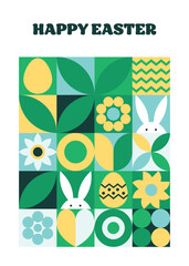 Wall Mural - geometric east greeting card with bunny, egg and flower. abstract pattern design. vector illustratio