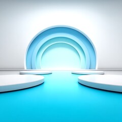 Poster - Modern Blue and White Stage with Circular Backdrop and Display Platforms for Product Presentation or Showcase 