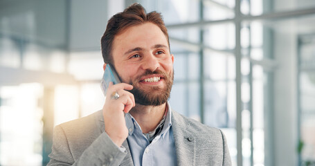 Aufkleber - Phone call, office and happy business man for online discussion, conversation and communication. Finance consultant, corporate and worker on smartphone for contact, schedule meeting and talking