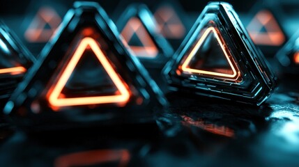 Wall Mural - Futuristic triangular glowing shapes on dark reflective surface
