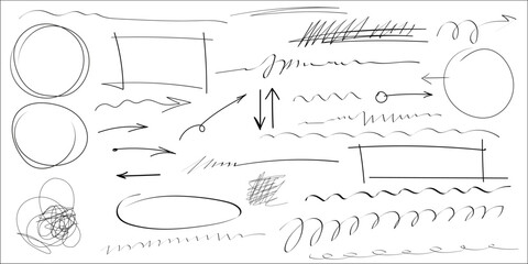 Leinwandbilder - Set of sketchy shapes and underline elements Scrawls, highlights, hand drawn arrows, grunge lines, crayon scribbles, rough brush charcoal pen stroke, emphasis marks. Sketches of ellipse rectangle oval