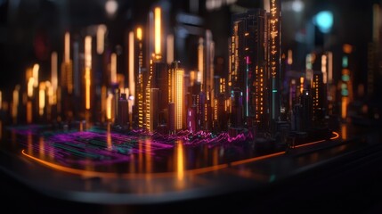 Wall Mural - futuristic city model illuminated by glowing lights, abstract design, digital art
