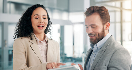 Poster - Teamwork, tablet and business people in meeting with research, conversation and networking for communication. Laugh, relax and employees with discussion, company joke or collaboration in office