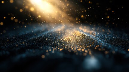 Canvas Print - golden particles glow on dark surface, spotlight