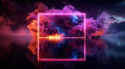 Wall Mural - Neon frame, smoke clouds, water reflection, dramatic sky