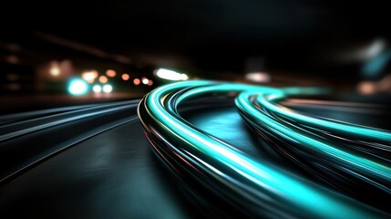 Wall Mural - Futuristic glowing tubes on dark road with city lights in background