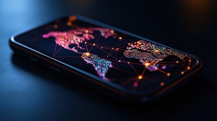 Global Network Displayed on Smartphone on Dark Surface