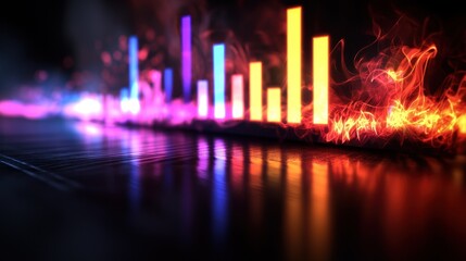 Wall Mural - Neon music equalizer reflected on dark floor, fire background