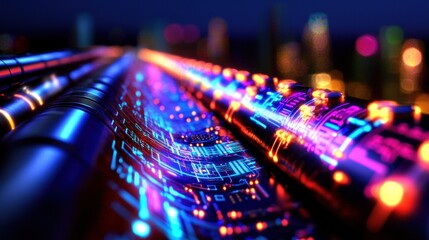 Wall Mural - futuristic pipes, glowing circuit lines on city skyline