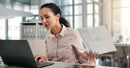 Leinwandbilder - Business woman, laptop and analysis with documents for global statistics or update at office desk. Female person, employee or analyst with computer or paperwork for economic change or improvement