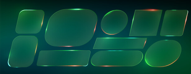 Wall Mural - glowing neon green glass frames on dark background - different rounded rectangle shapes, shining edg