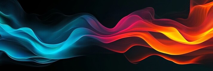 Wall Mural - vibrant transparent waves in electric blue, magenta, and warm orange on a black background