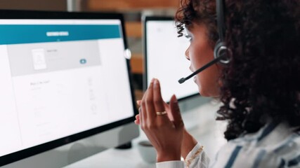 Aufkleber - Call center, computer screen and contact us with person in office for assistance or communication. Customer service, headset and support with employee at help desk for consulting or lead generation