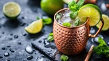 Close up of a moscow mule in a copper mug with lime and mint on a dark surface with water droplets
