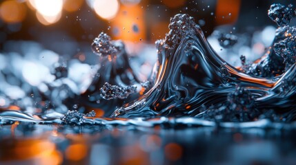 Wall Mural - Abstract Liquid Splashing, Dark Colors, Bokeh Background, Futuristic