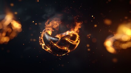 Wall Mural - fiery, abstract heart shape in flames, dark background with sparks