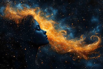 Wall Mural - A celestial portrait of a woman enveloped in stardust and cosmic flames.