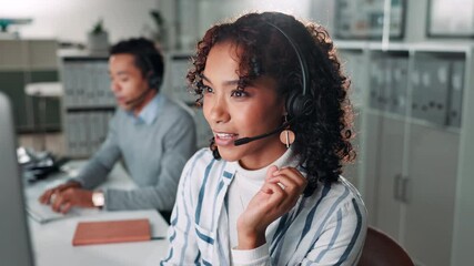Poster - Call center, woman and technical support in office with crm, communication and online consultant. Contact us, headset and customer service help, telemarketing or sales agent coworking for hotline